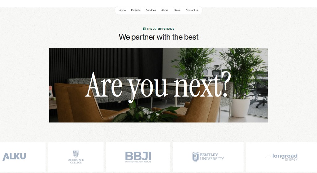 Union Office Interiors “The UOI Difference — We partner with the best” section with an “Are you next?” banner and a featured client logo strip (ALKU, Merrimack College, BBJI, Bentley University, Longroad)